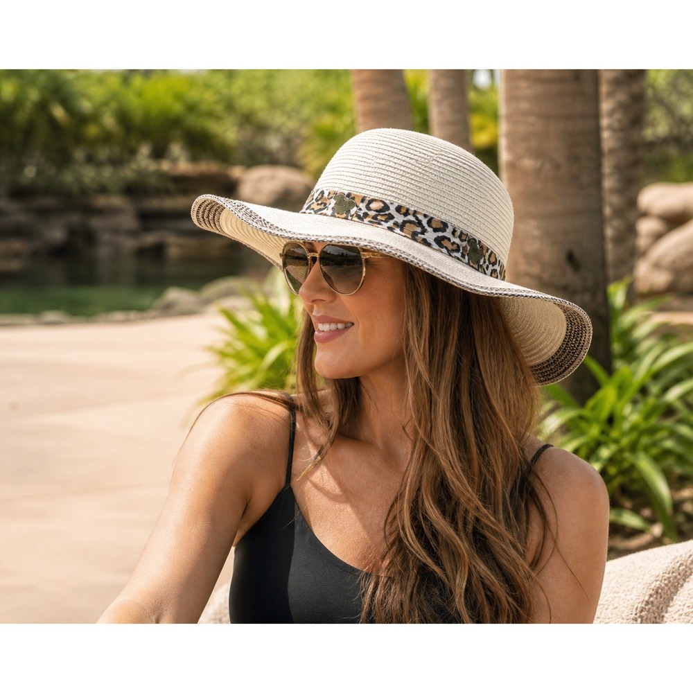 Disney Parks Mickey Straw Hat Leopard Band Wide Brim Safari Animal Kingdom